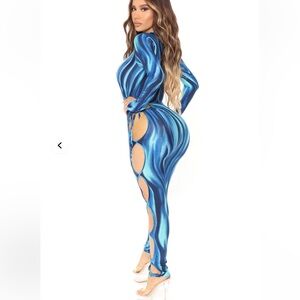 FASHION NOVA LUCID DREAMS CUTOUT JUMPSUIT COBALT BLUE & BLACK LONG SLEEVE SIZE L